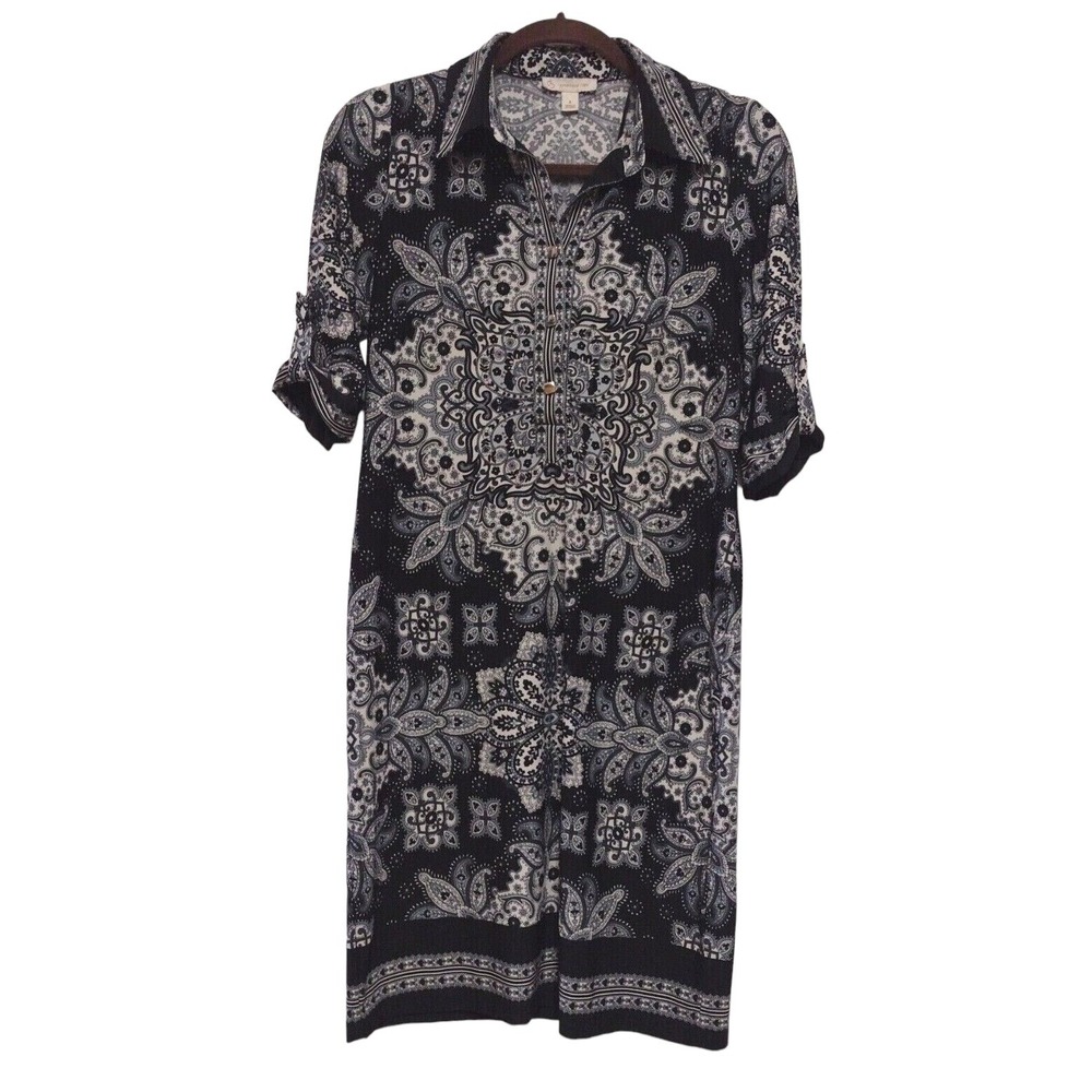 CB Established 1962 Womens Size 4 Black White Paisley Medallion Roll Tab Dress